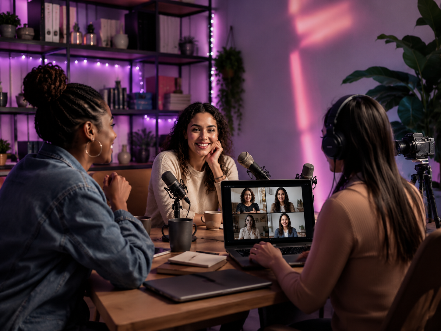 Women creators collaborating in a podcast studio